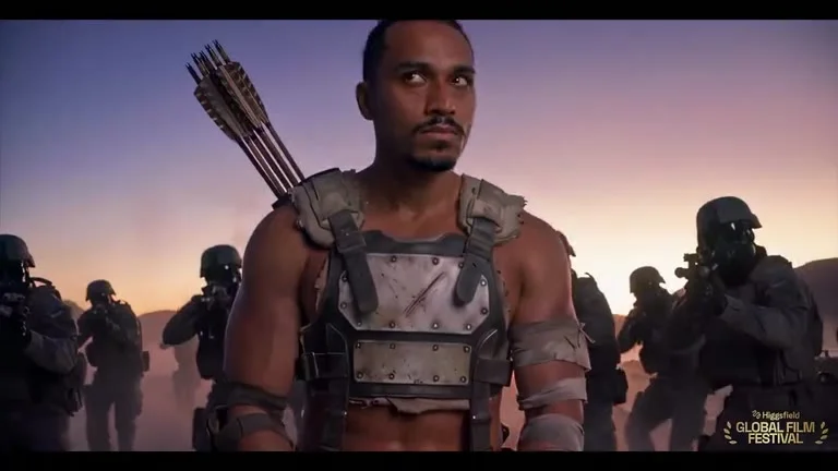 An armed character in a dusty landscape beneath a purple sky.