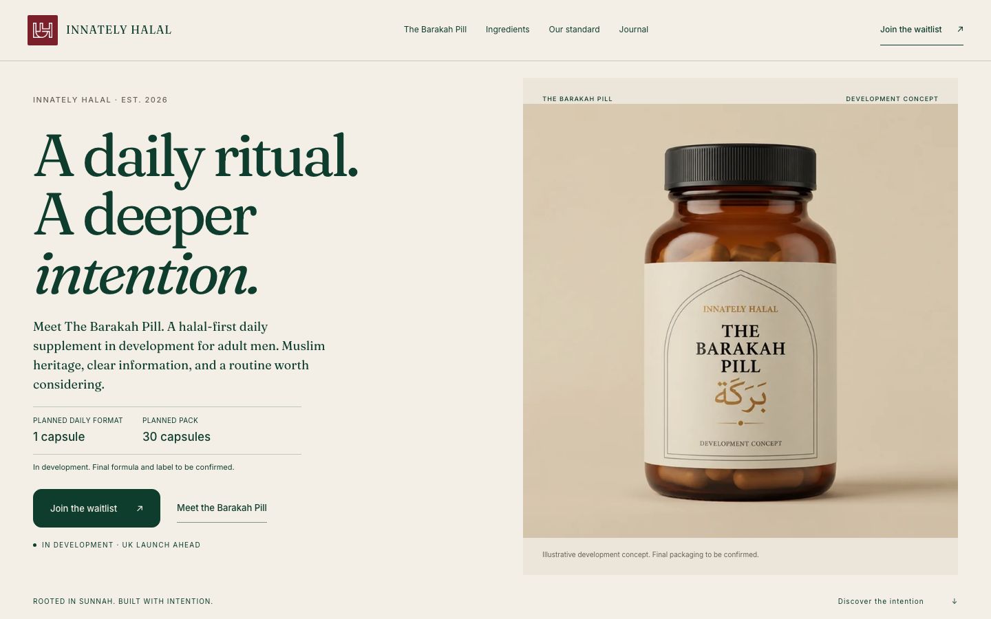 The current Innately Halal homepage introducing its brand and development-stage product
