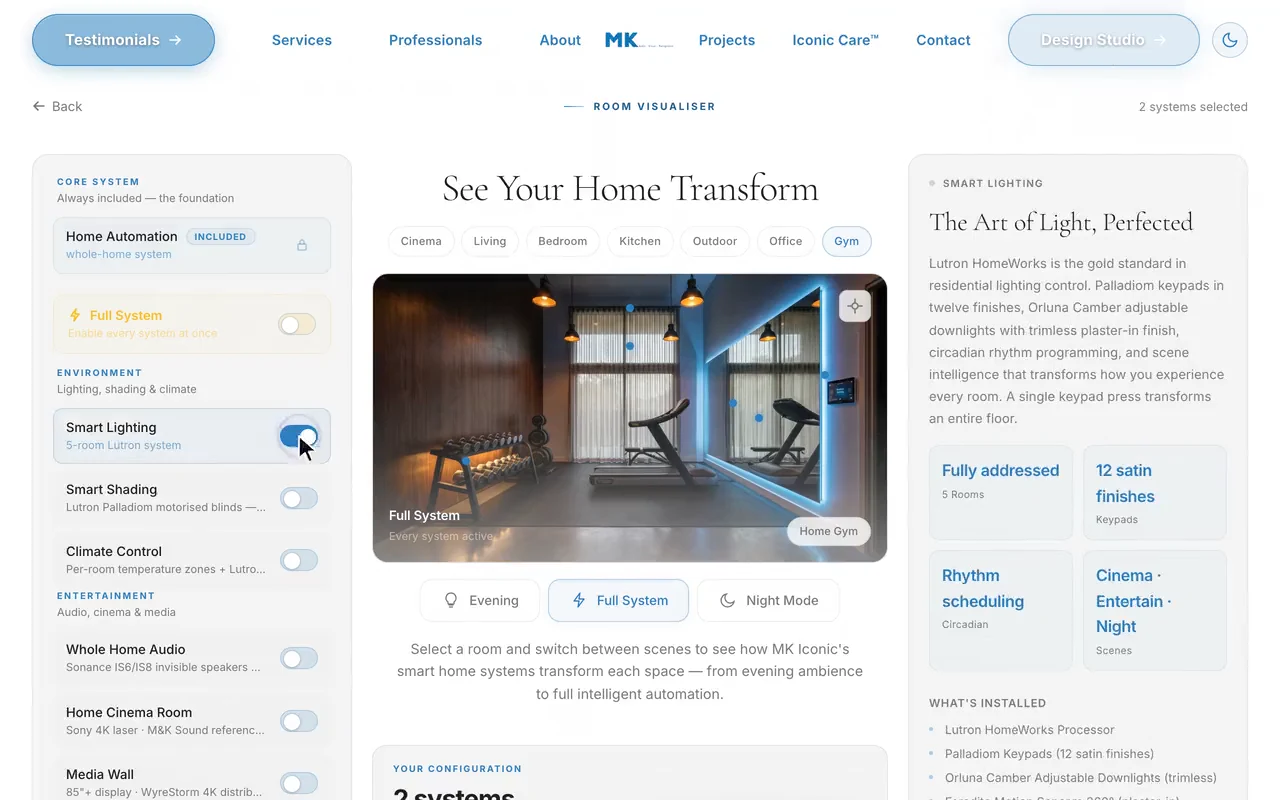 MKIC Design Studio desktop interface, with a home scene and controls for different smart-home services