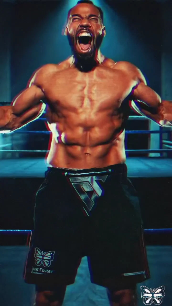 Conner’s AI likeness standing confidently in the boxing ring under blue arena lights.